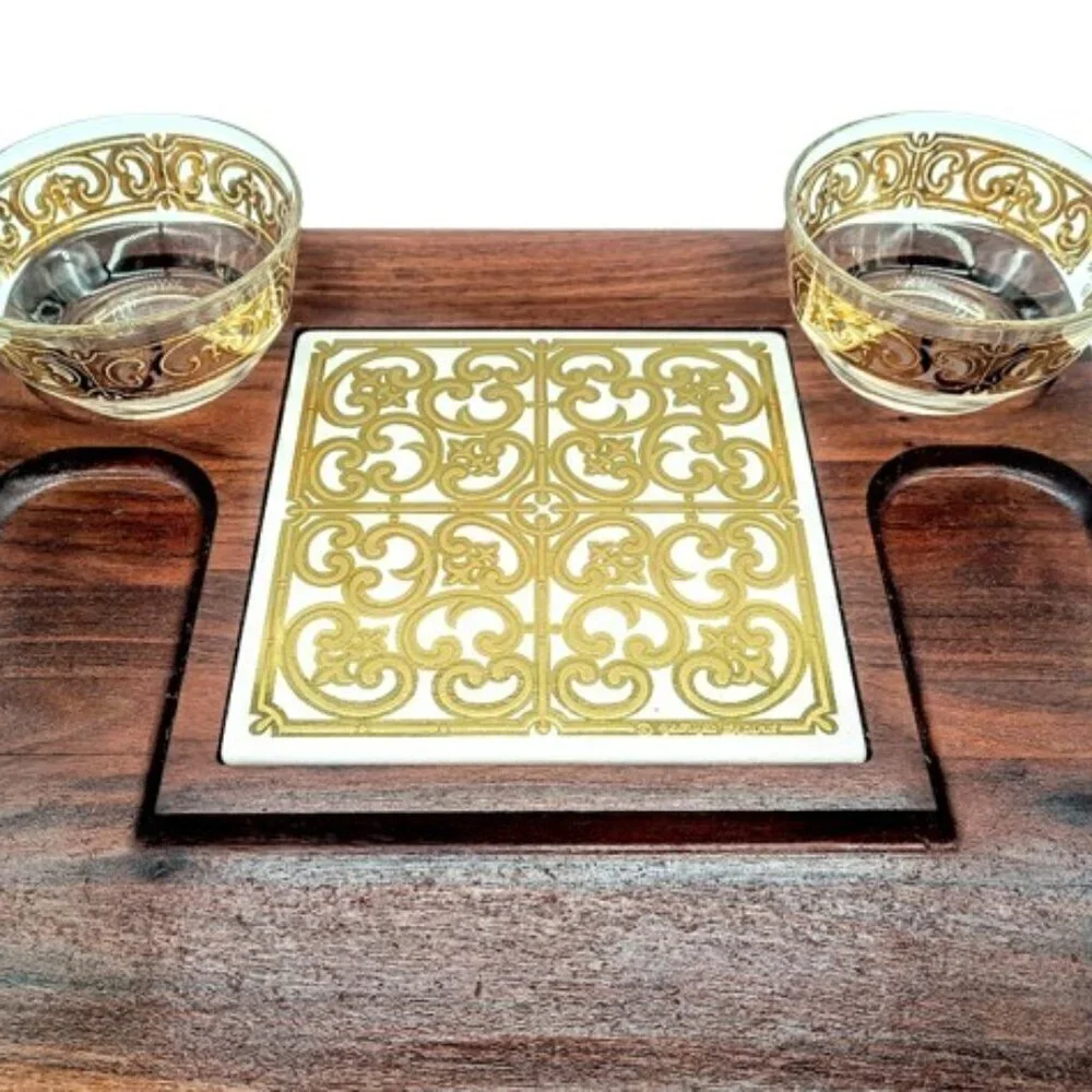 Vintage Georges Briard Square Wood Gold Scroll Tile Footed Board